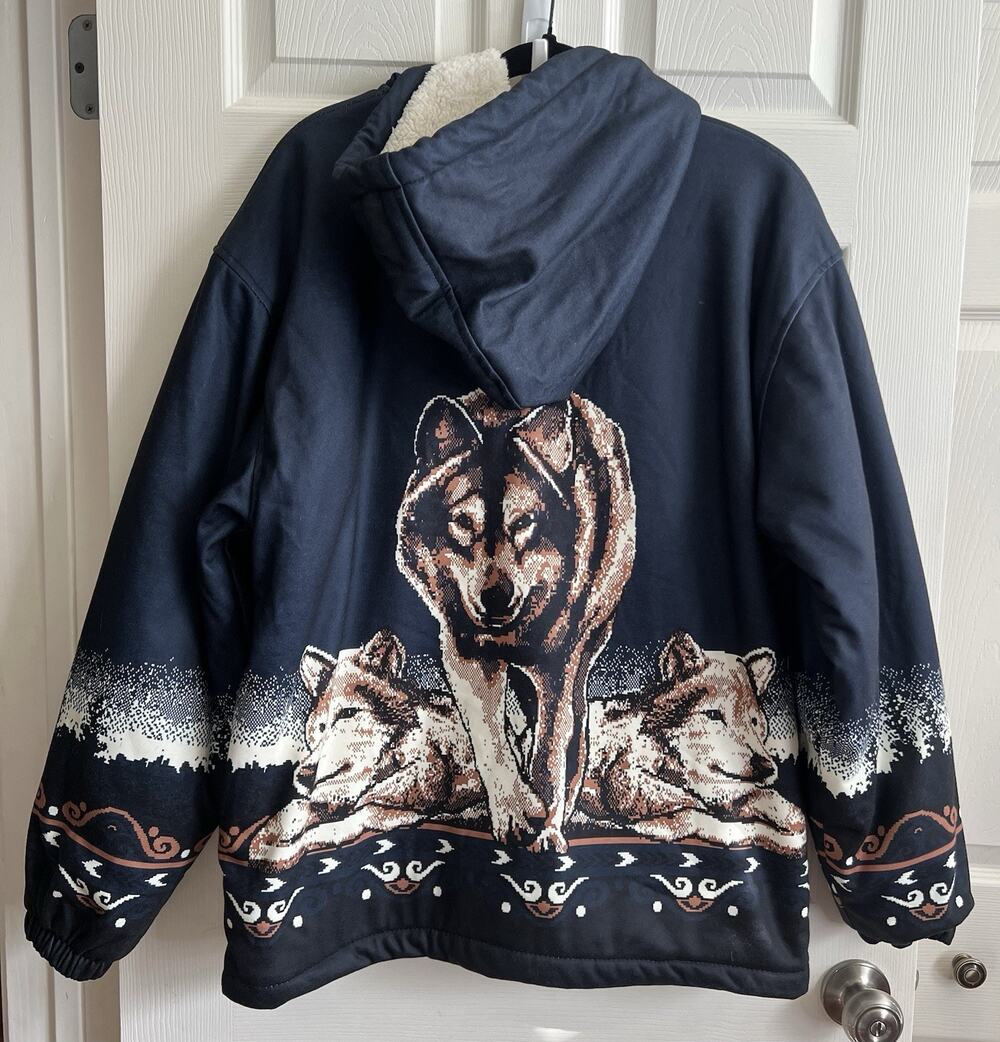 BLACK CANYON OUTFITTERS Wolves Wolf Pack Print Navy Fleece Hooded Jacket Coat L